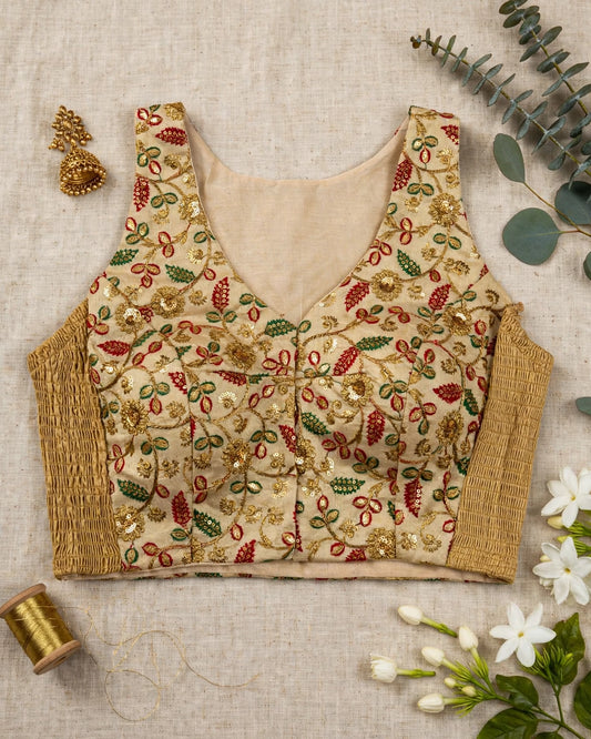 Gold Embroidered Side Elastic Sleeveless Blouse