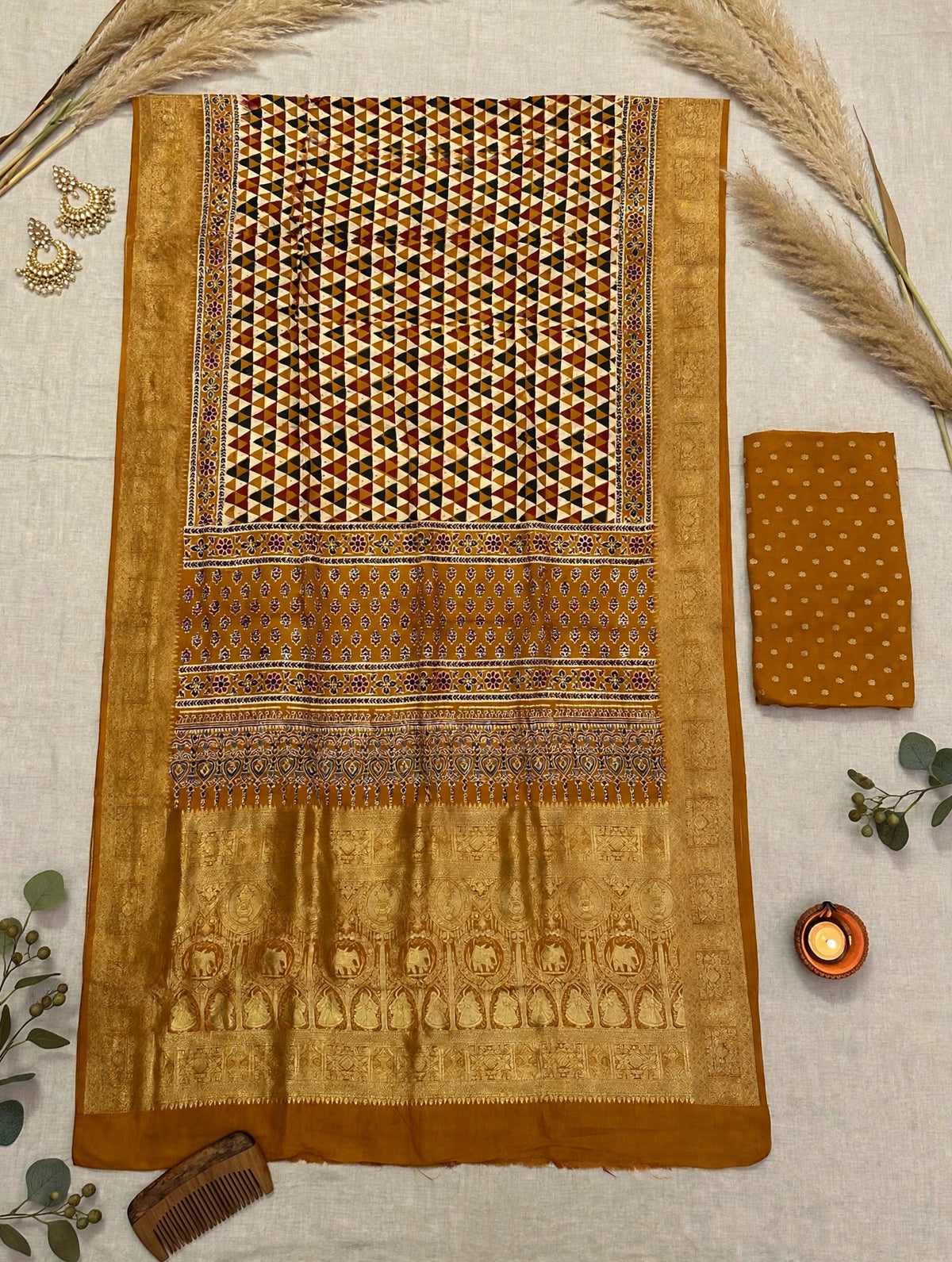 Yellow Ajrak Dola Silk Saree