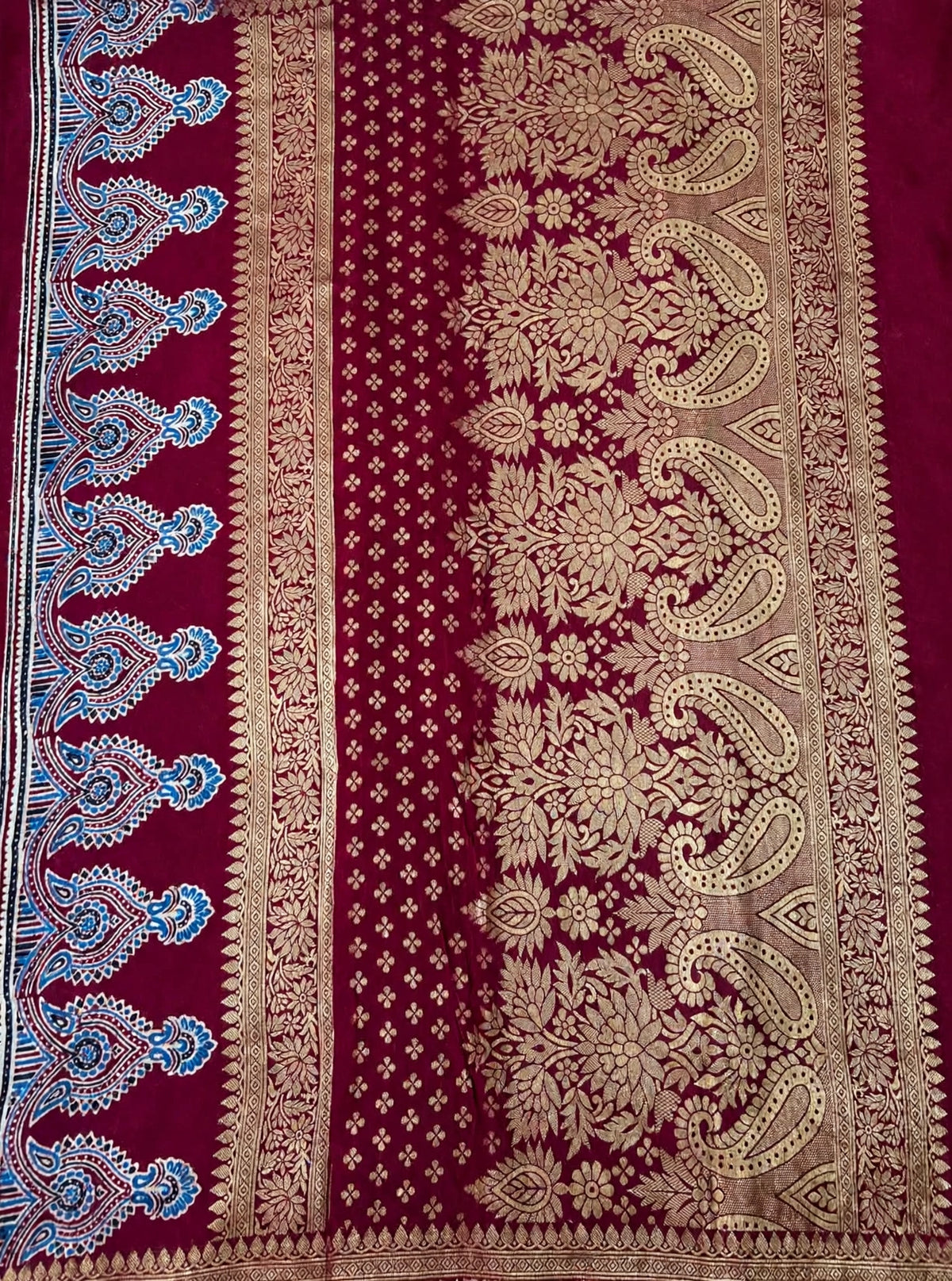 Maroon Ajrak Dola polka dot Silk Saree