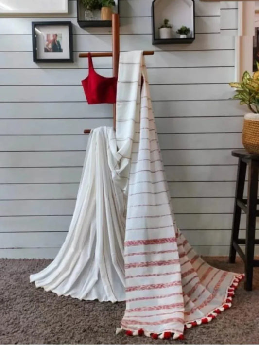 White Handloom Cotton saree - praasam