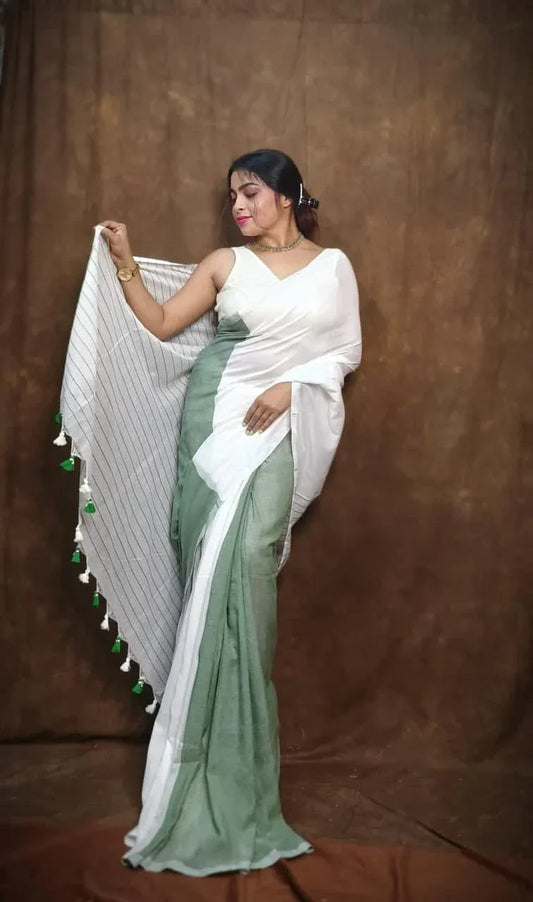 Green and white Handloom Cotton saree - praasam