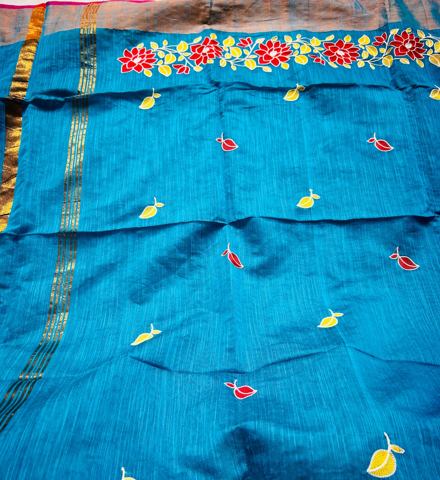 Blue Embroidered Slub Cotton Sari
