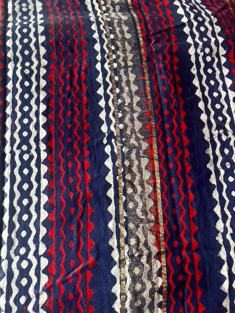 Indigo Beige zigzag Maheshwari Handblock Printed Cotton Silk Saree
