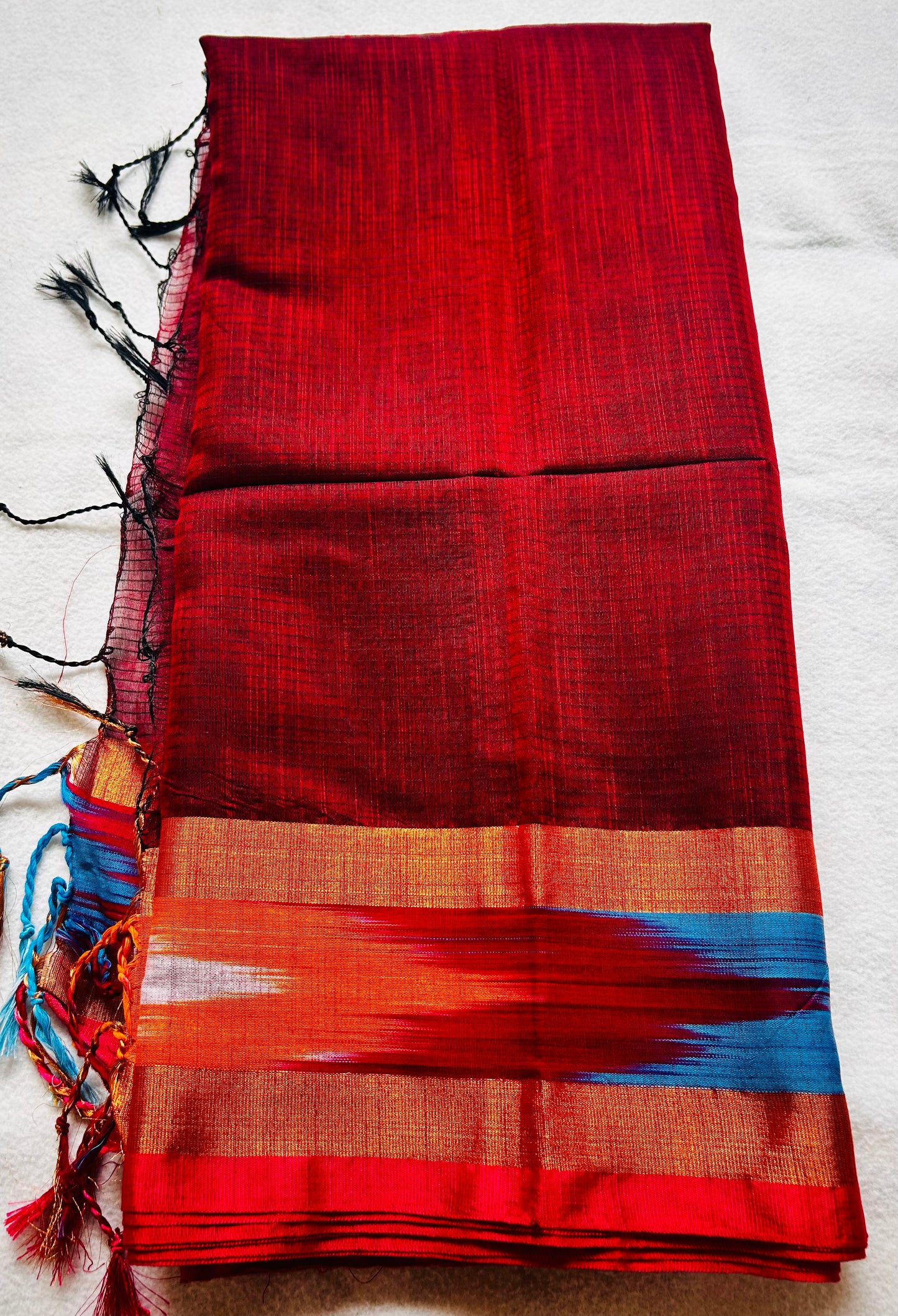 Maroon  cotton saree with ikkat border