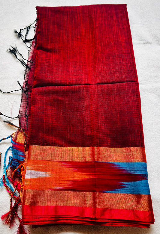 Maroon  cotton saree with ikkat border