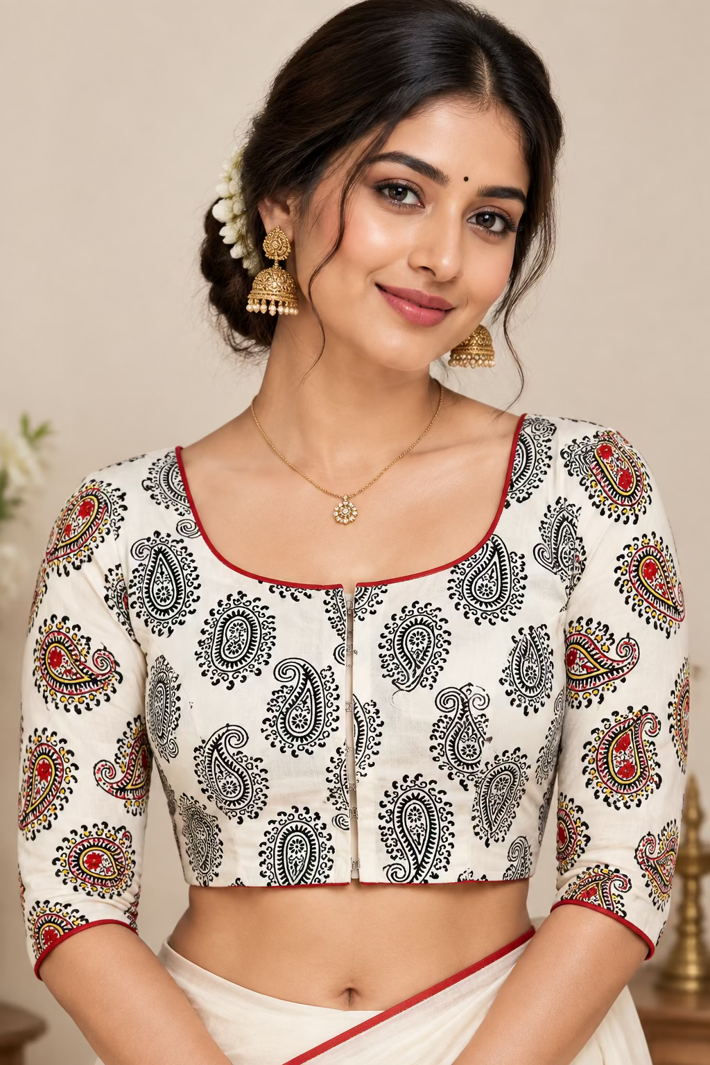 Beige Cotton Katha Work Blouse