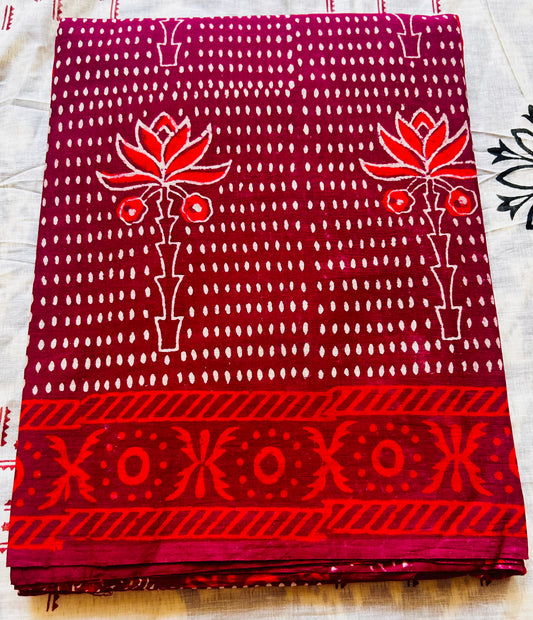 Red hand block printed floral and dot cotton saree
