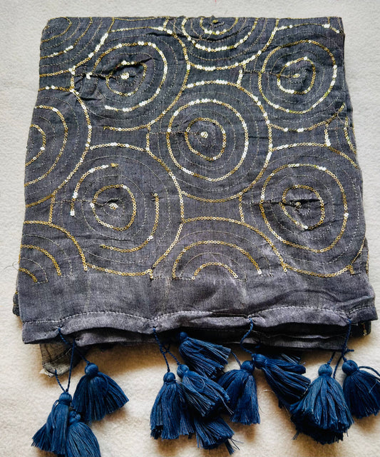 Grey sequenced mul cotton saree