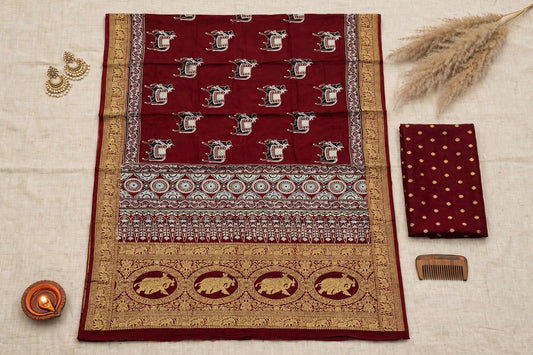 Maroon Ajrak Dola Silk Saree