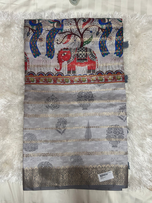 GREY KALMKARI PRINT SAREE