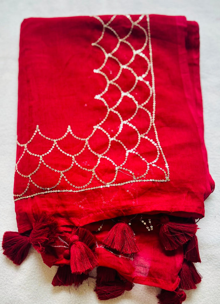 Red Sequenced Mul Cotton Sari