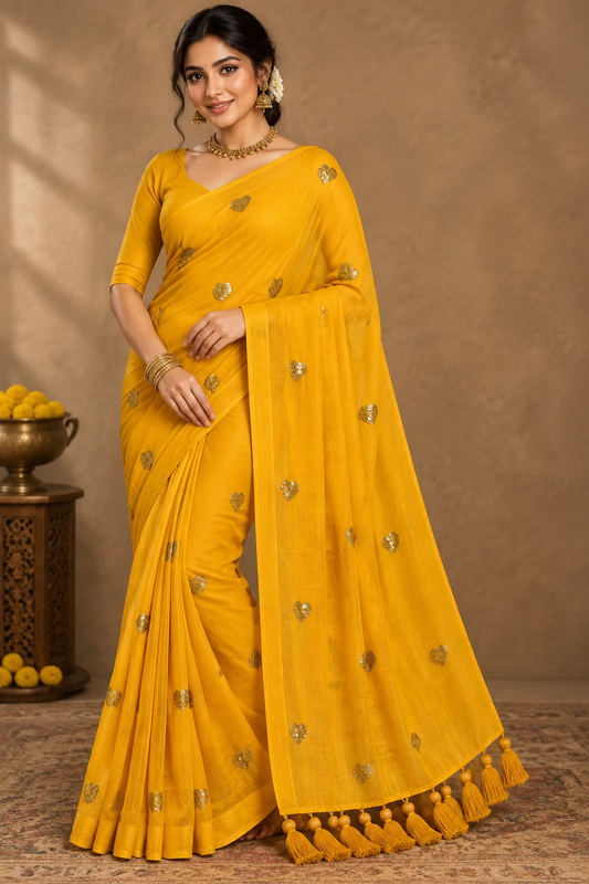 Yellow with heart Sequence Mul Cotton Saree