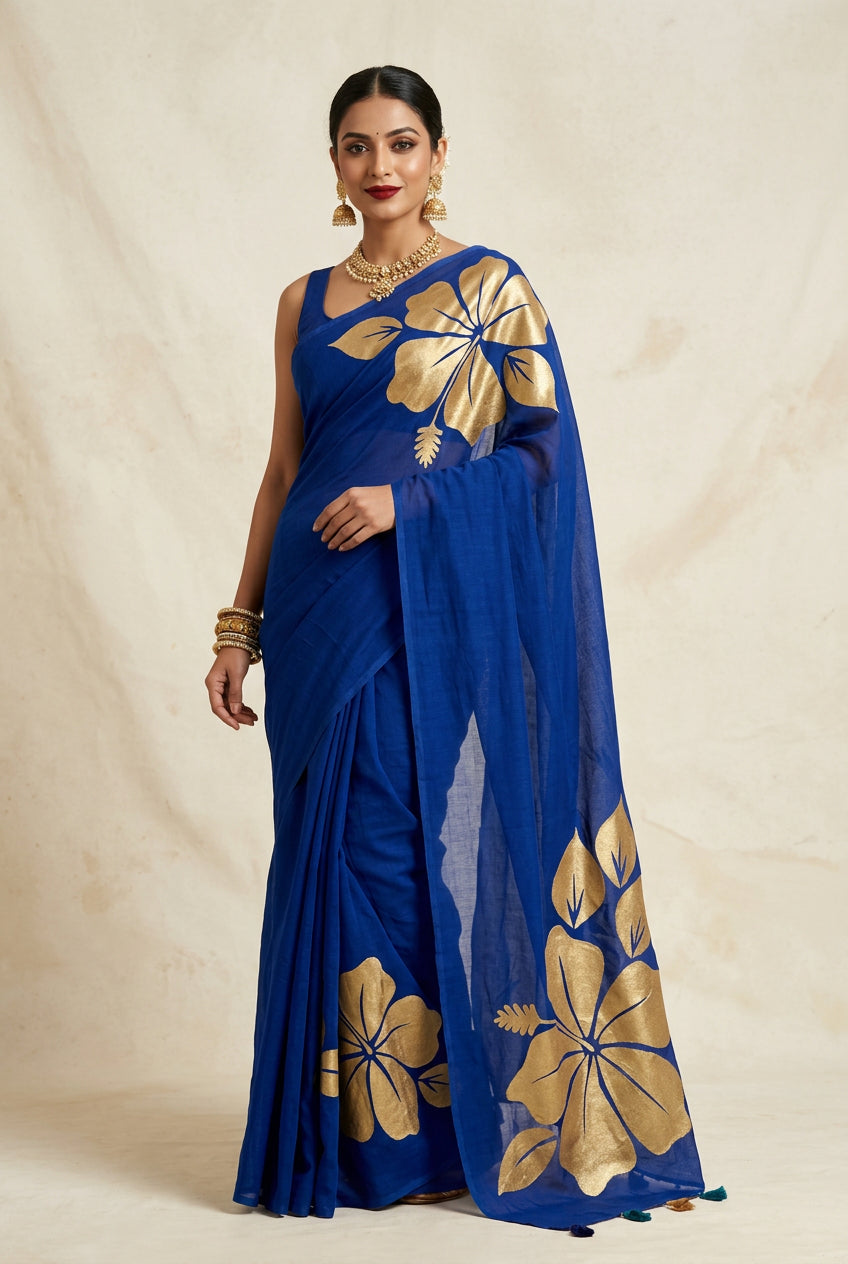 Blue  Mul Cotton Hand Painted Hibiscus Print Sare