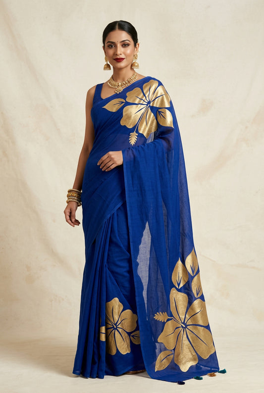 Blue  Mul Cotton Hand Painted Hibiscus Print Sare