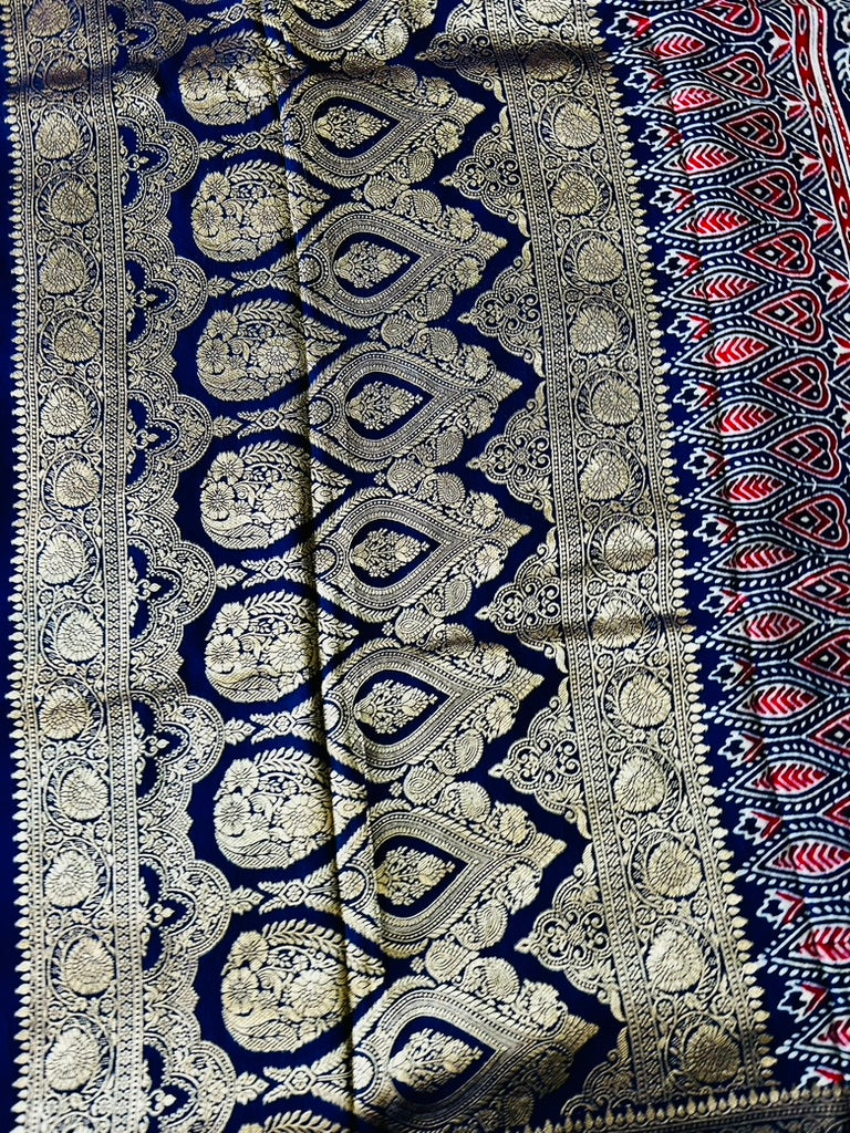 Blue Ajrak Dola Silk Saree