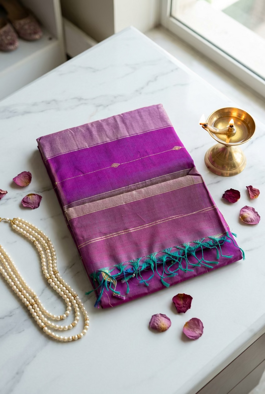 Maheshwari Purple Handloom Cotton Silk Saree