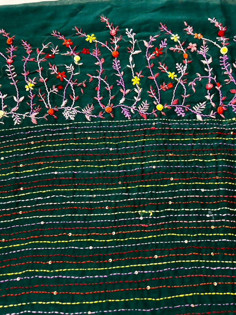 Green Mul Cotton Hand Embroidered Saree