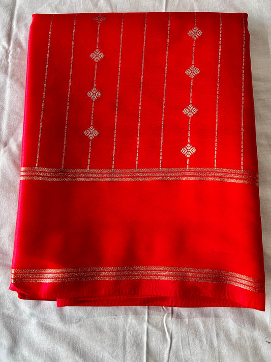 Red Gajji Silk Semi Silk Saree with line and buti
