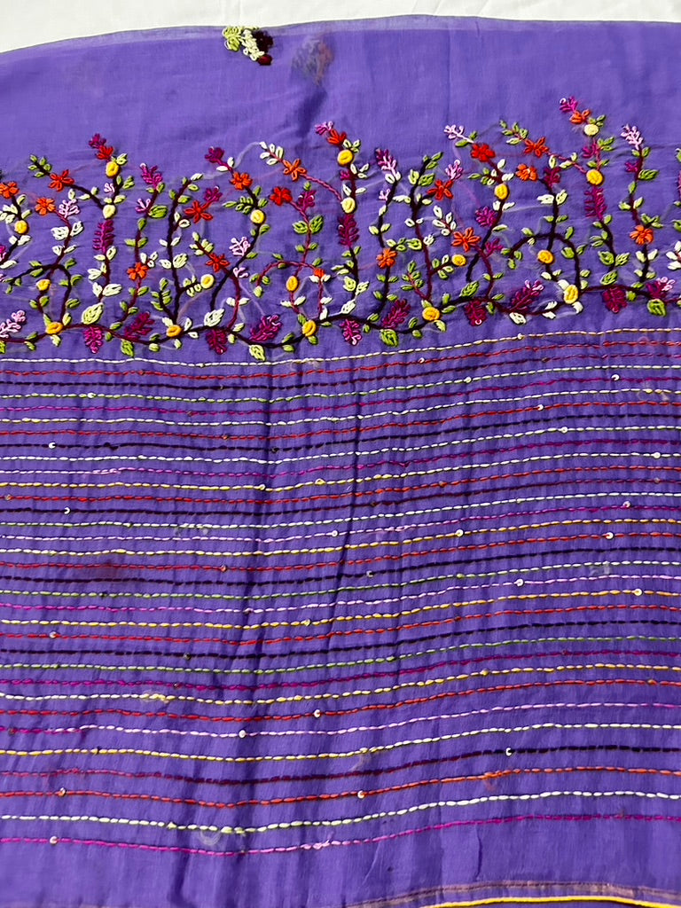 Lavender Mul Cotton Hand Embroidered Saree