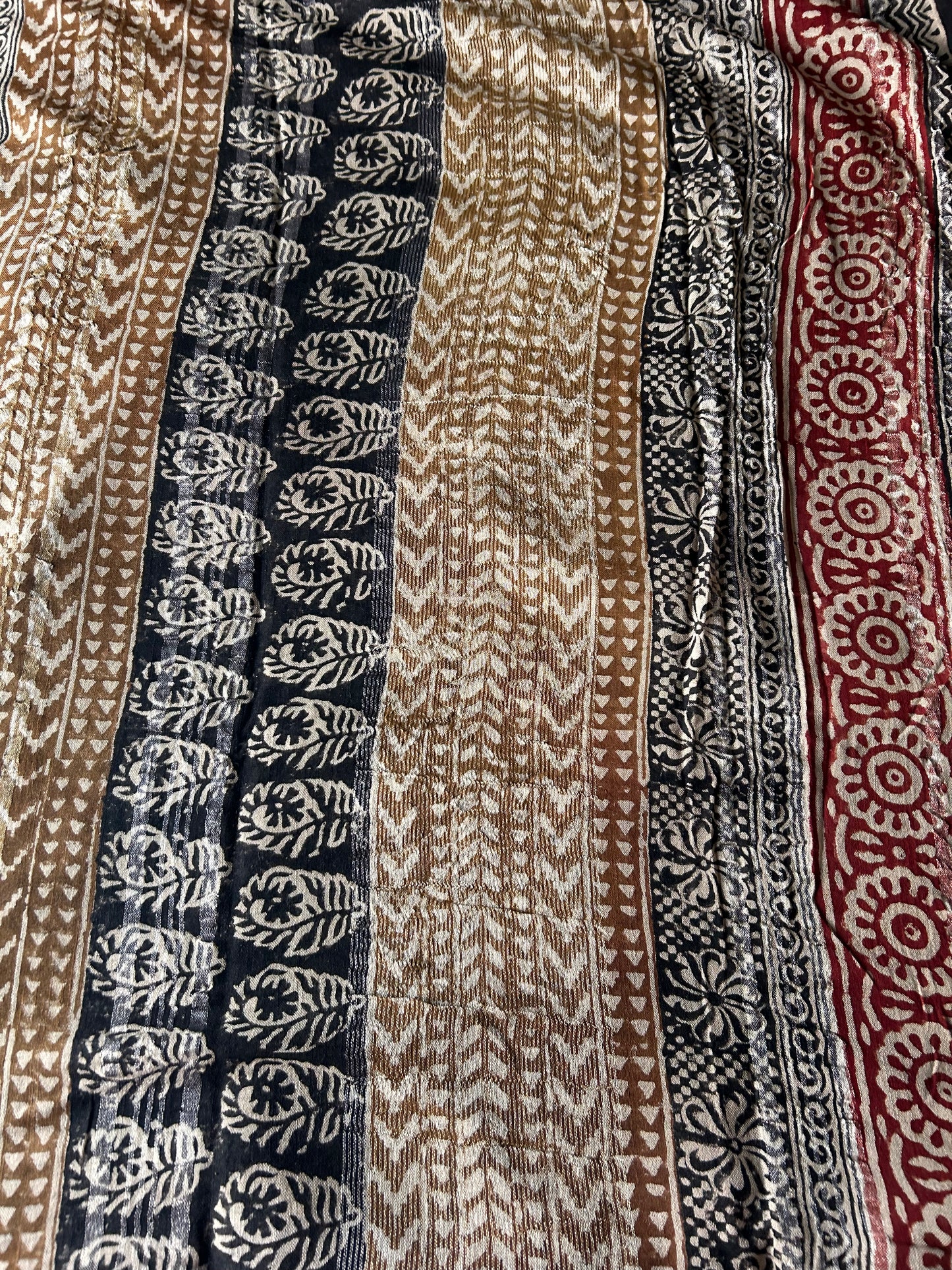 Black and beige floral print handblock printed linen saree