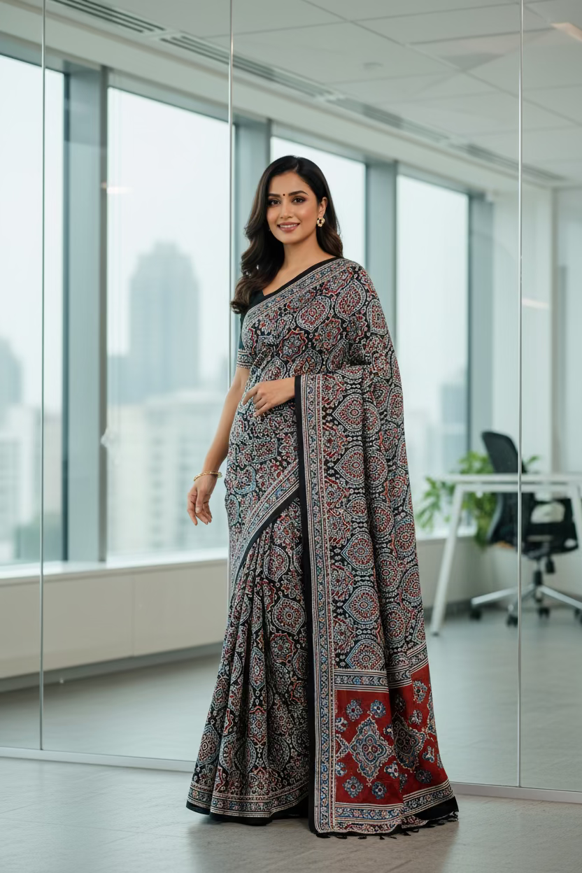 Blue Modal Silk with Ajrak Print Sare
