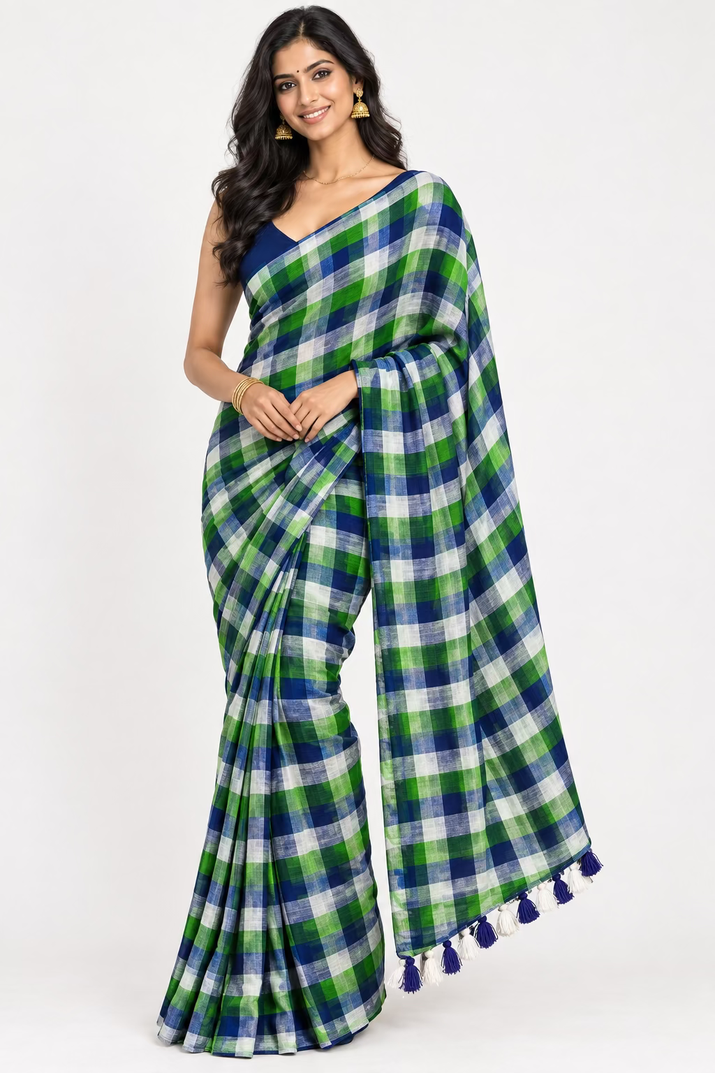 Blue checks  Mul Cotton Sare