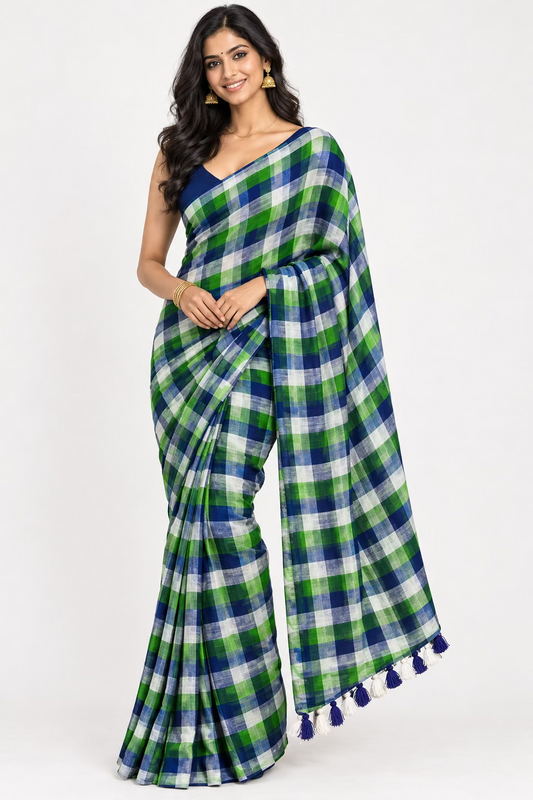Blue checks  Mul Cotton Sare