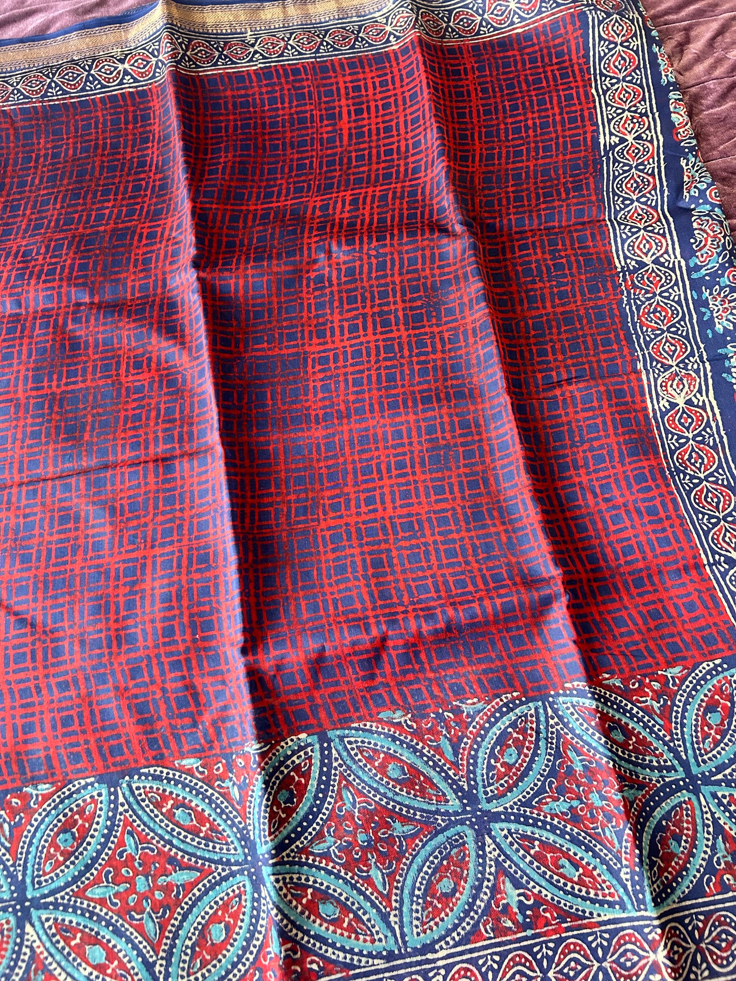 Indigo Maheshwari Handblock Printed Cotton Silk Saree