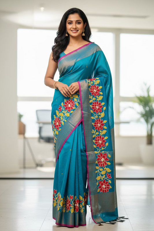 Blue Embroidered Slub Cotton Sari