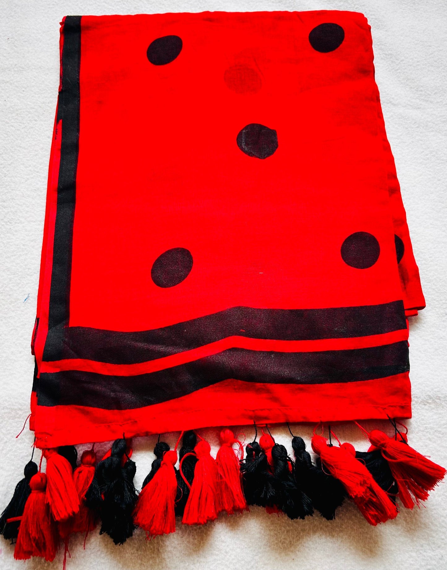 Red  mul cotton with black polka dots saree