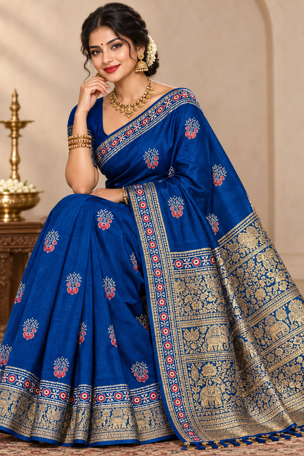 Blue Ajrak Dola Silk Saree