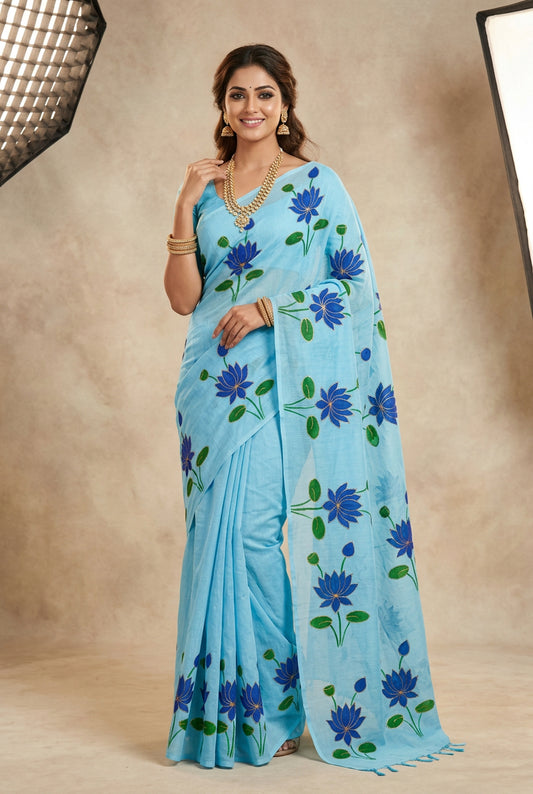 Blue  Mul Cotton Hand Painted Lotus Print Saree