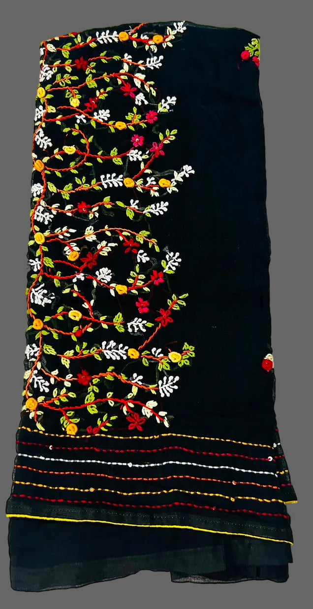 Black Mul Cotton Hand Embroidered Saree