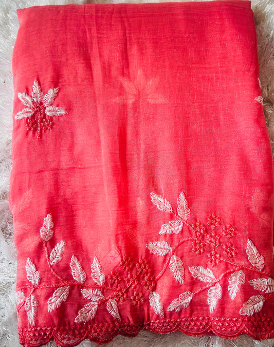 Red embroidered light weight Saree