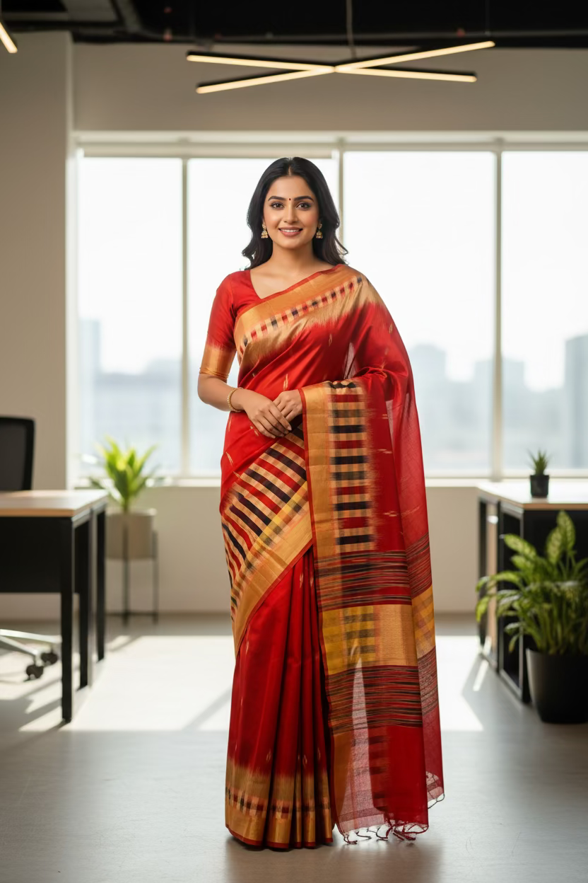Red and beige handloom saree