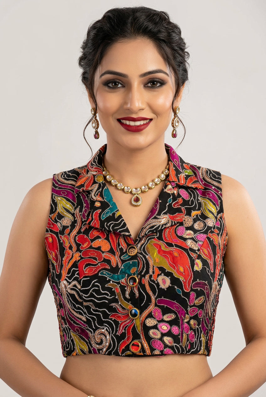 Black Crape Position Print Blouse