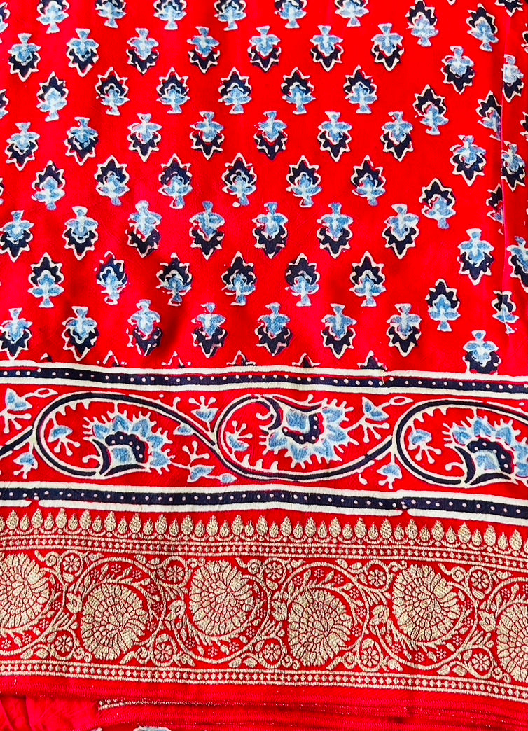 Red  Ajrak Dola Silk Saree