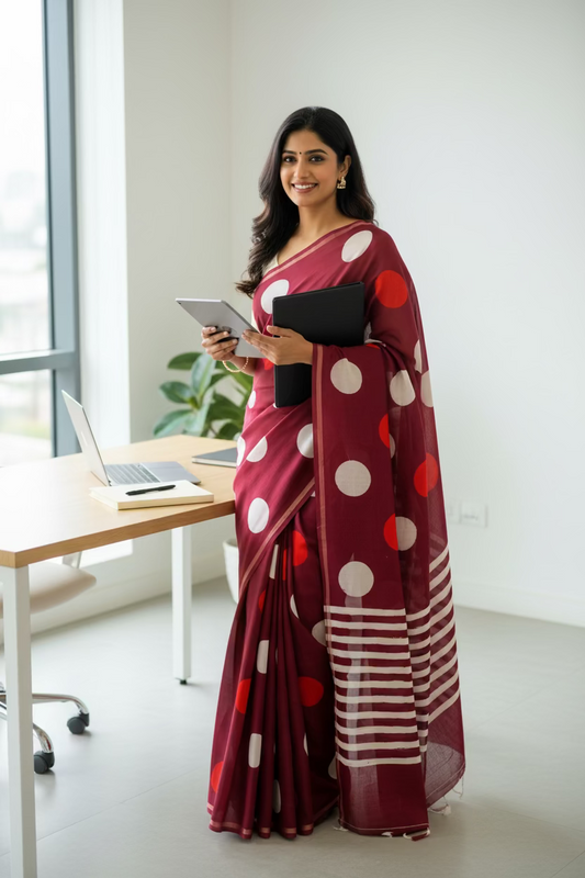 Red polka dot cotton saree