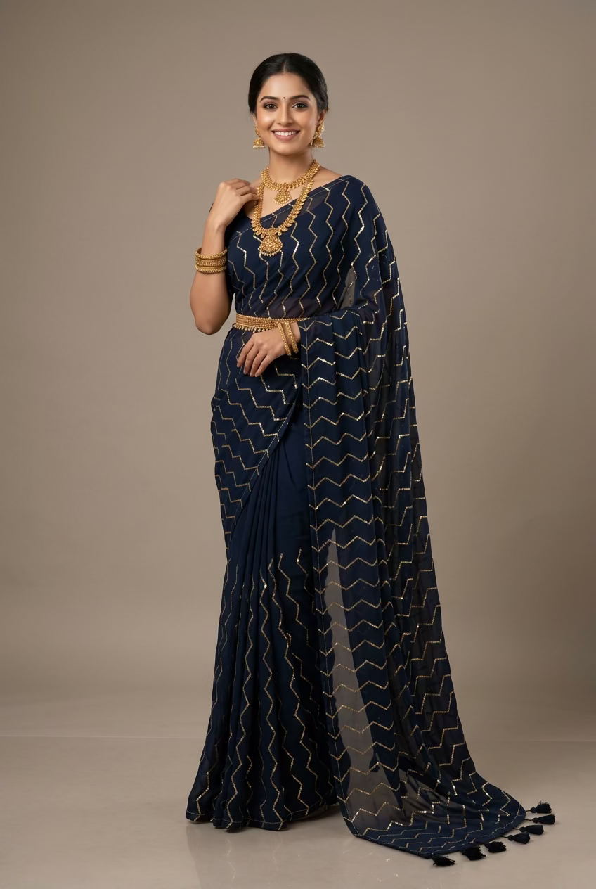 Black Mul Cotton Sareee with zigzag Sequence