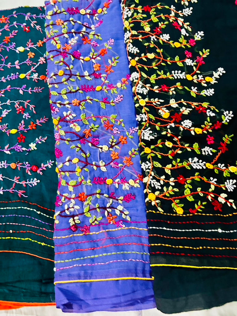 Green Mul Cotton Hand Embroidered Saree