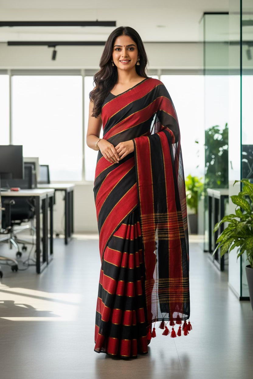 Red and Black Stripes Mul Cotton Sari