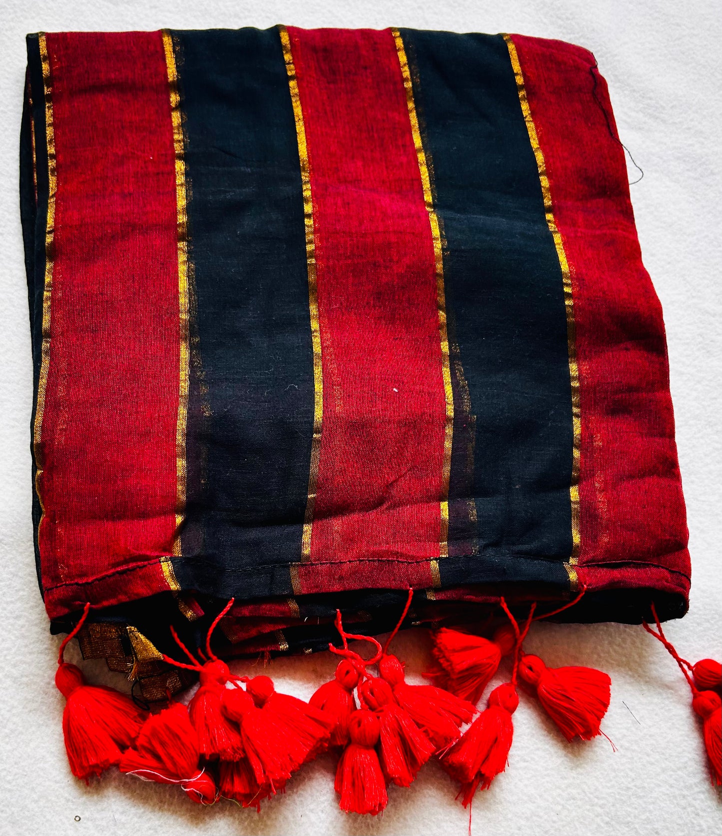 Red and Black Stripes Mul Cotton Sari