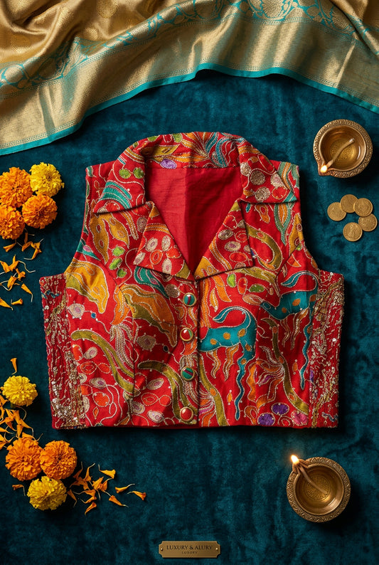 Red Crape Position Print Blouse