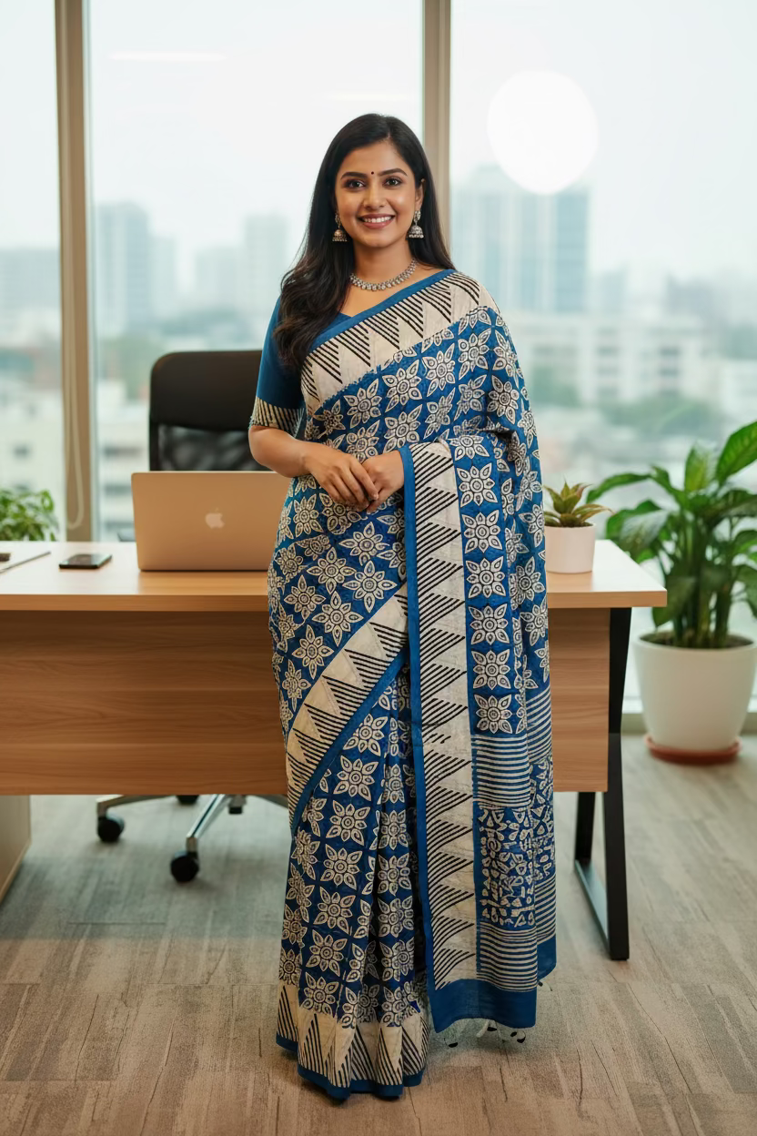 Inigo and white cotton hand block printed saree