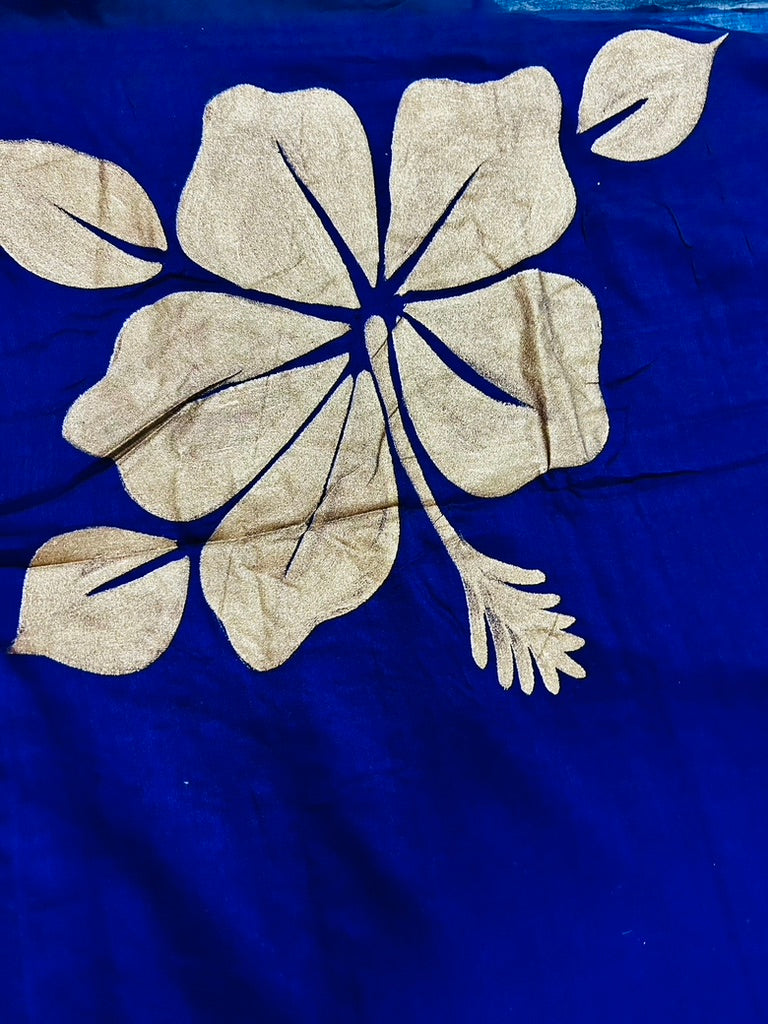 Blue  Mul Cotton Hand Painted Hibiscus Print Sare
