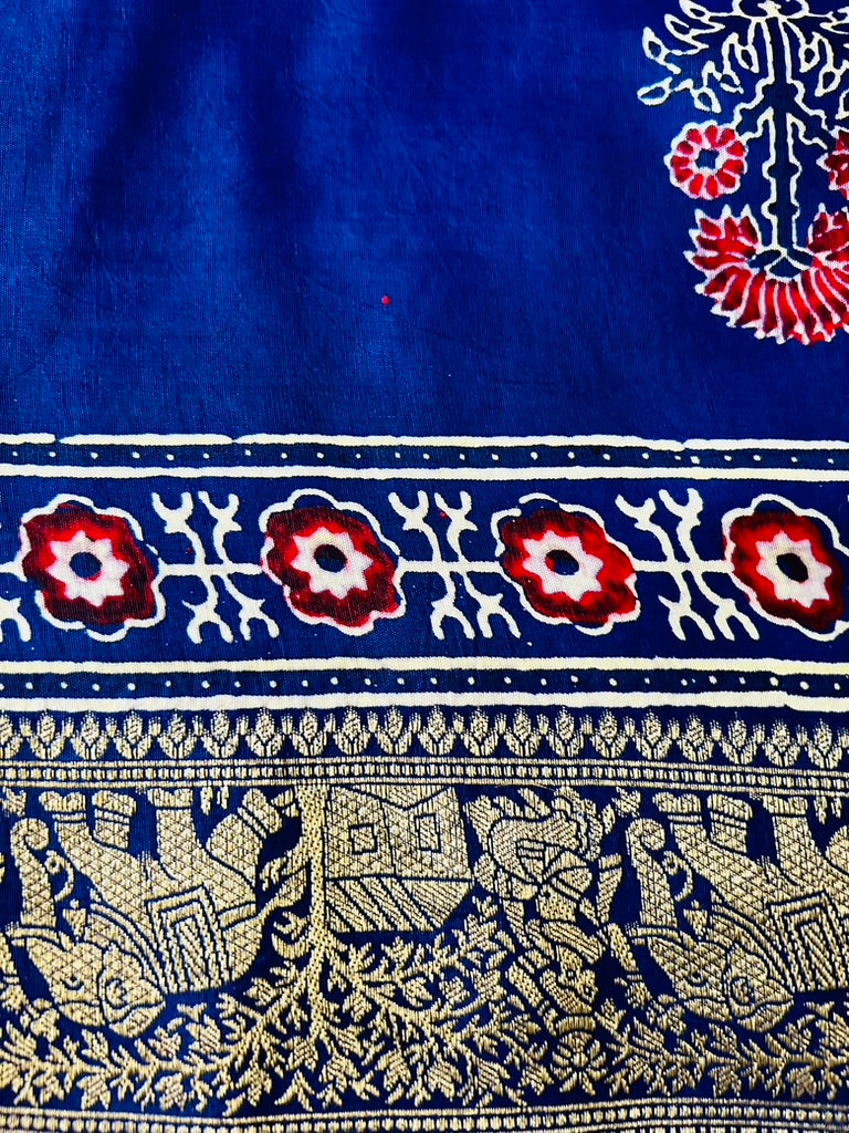 Blue Ajrak Dola Silk Saree
