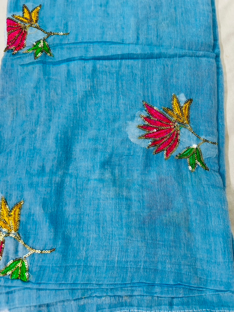Blue Mul Cotton Sare with Lotus Sequence Motive