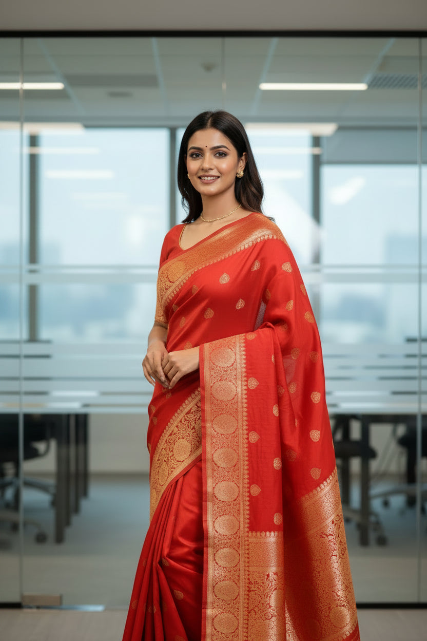 Red fabric with gold embroidery on a white background