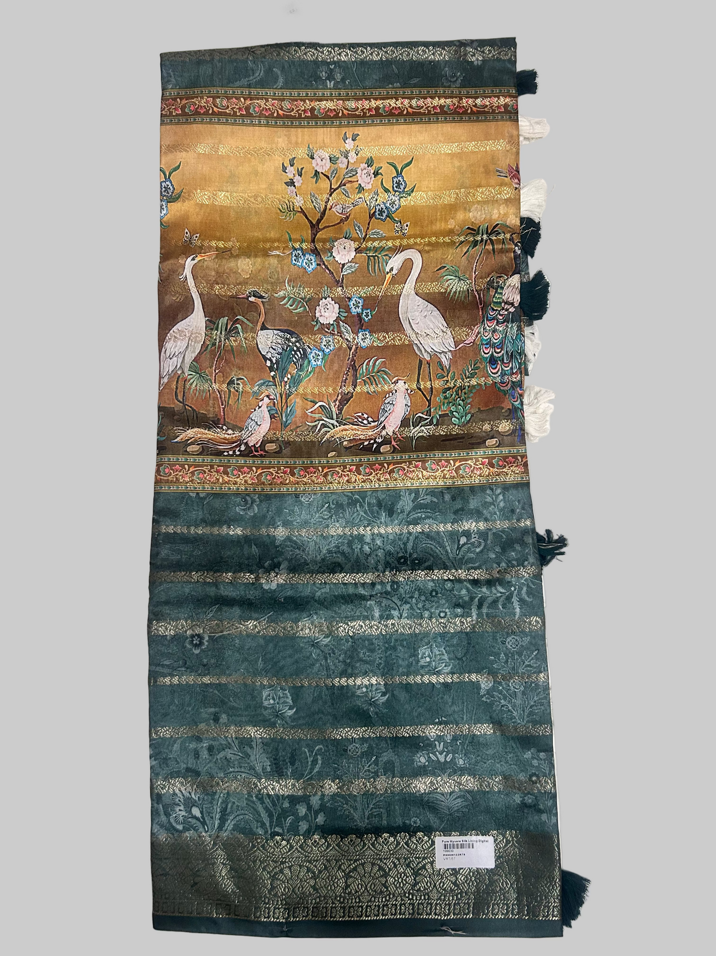 GOLDEN KALMKARI PRINT SAREE GREEN GOLDEN STRIPES