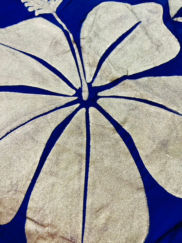 Blue  Mul Cotton Hand Painted Hibiscus Print Sare
